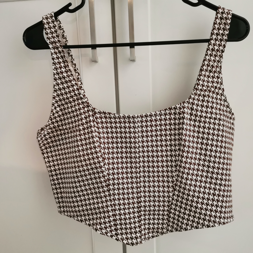 Houndstooth Crop Top and Pants Set- Brown and White